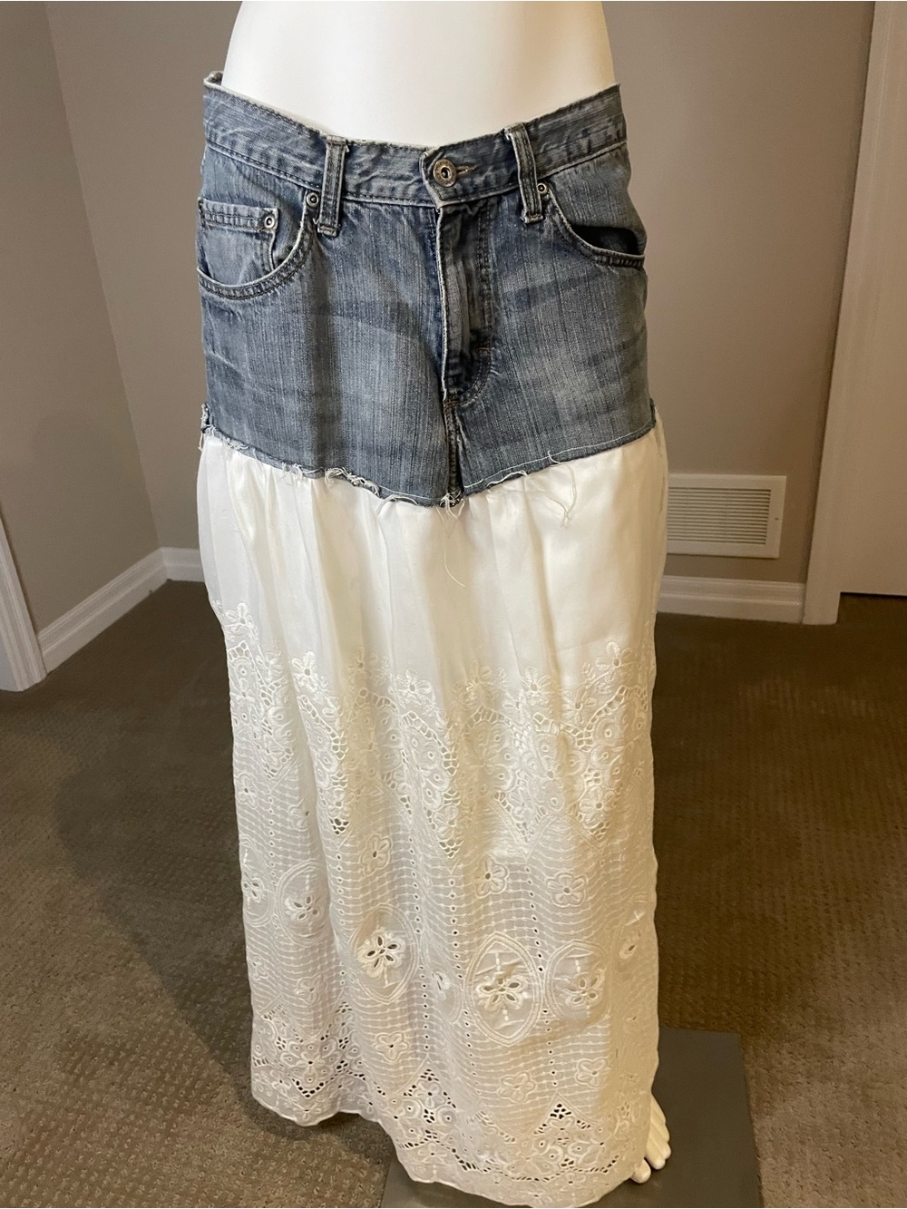 Upcycled Denim-Waist White Eyelet Maxi Skirt